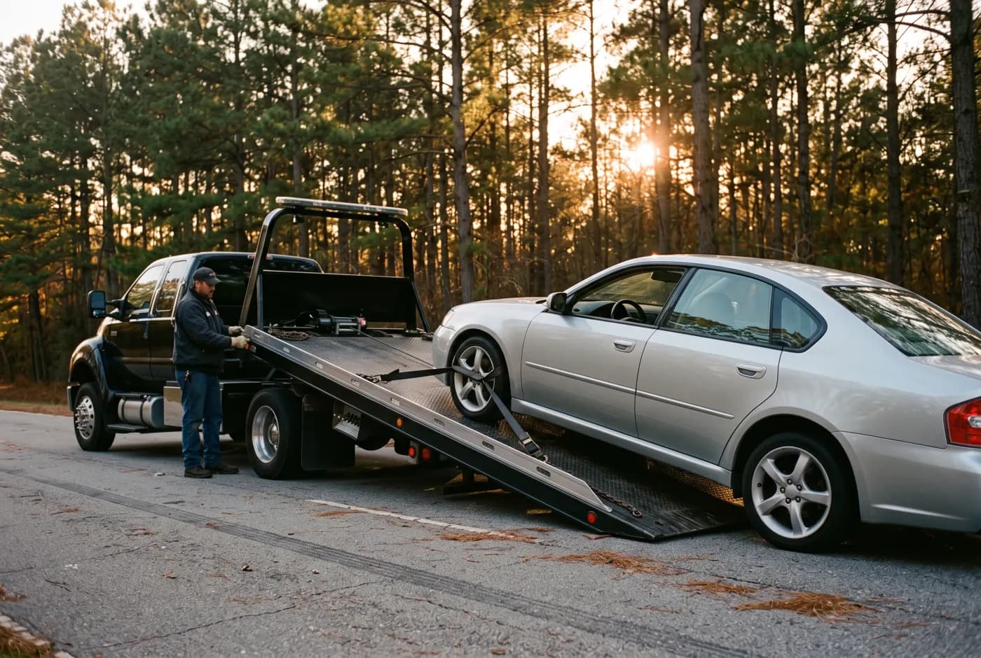 A flatbed tow truck carefully winching a silver sedan up its tilted bed on a Georgia roadside at golden hour