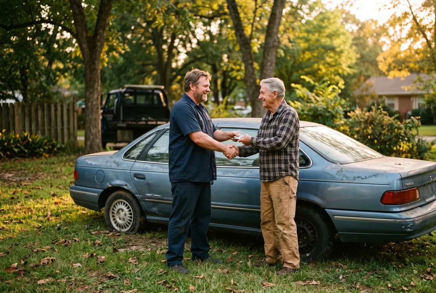 A tow operator shaking hands and handing cash to a customer beside an old sedan in a grassy Georgia yard
