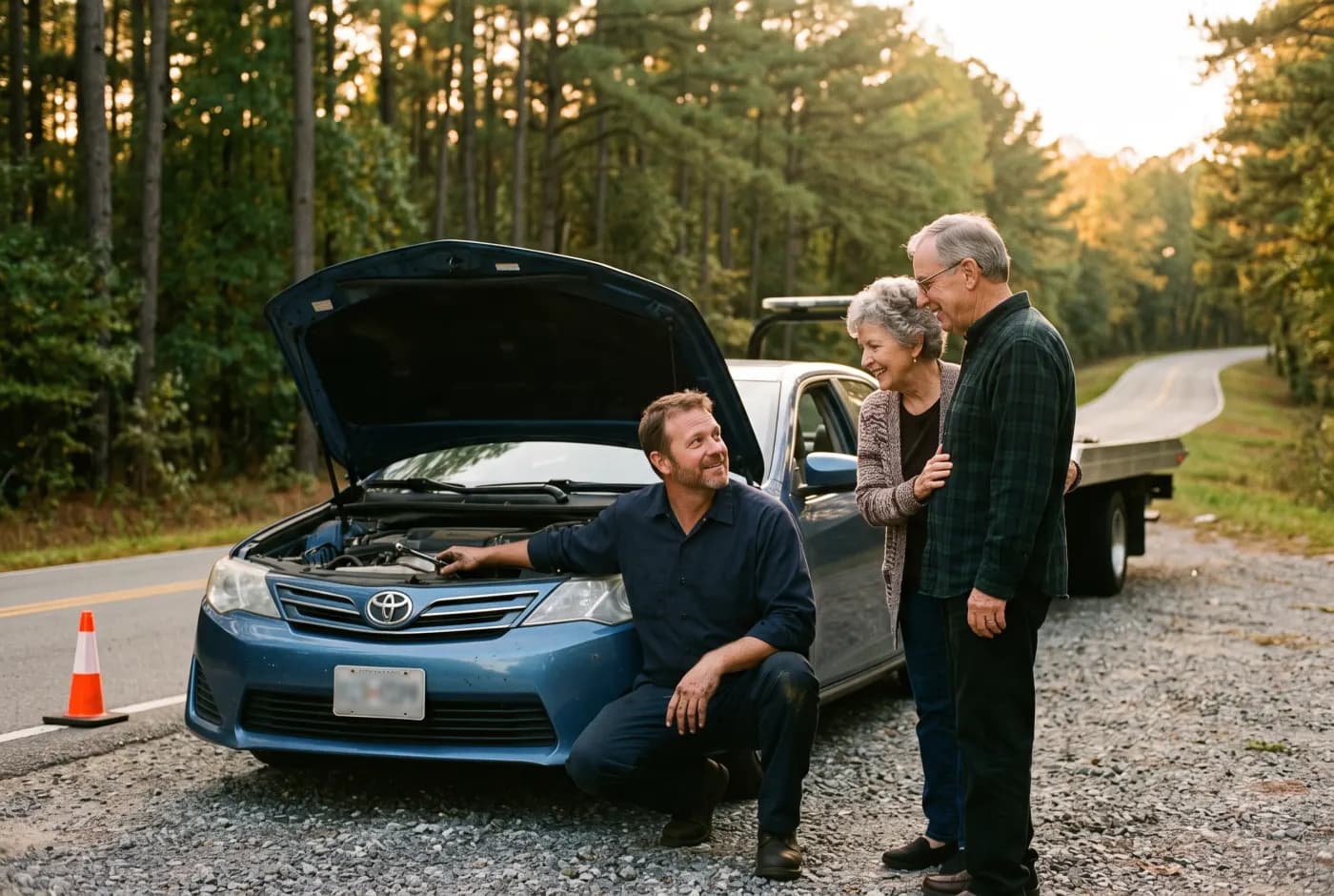 A tow truck driver reassuring a relieved older couple beside their car on a Georgia roadside